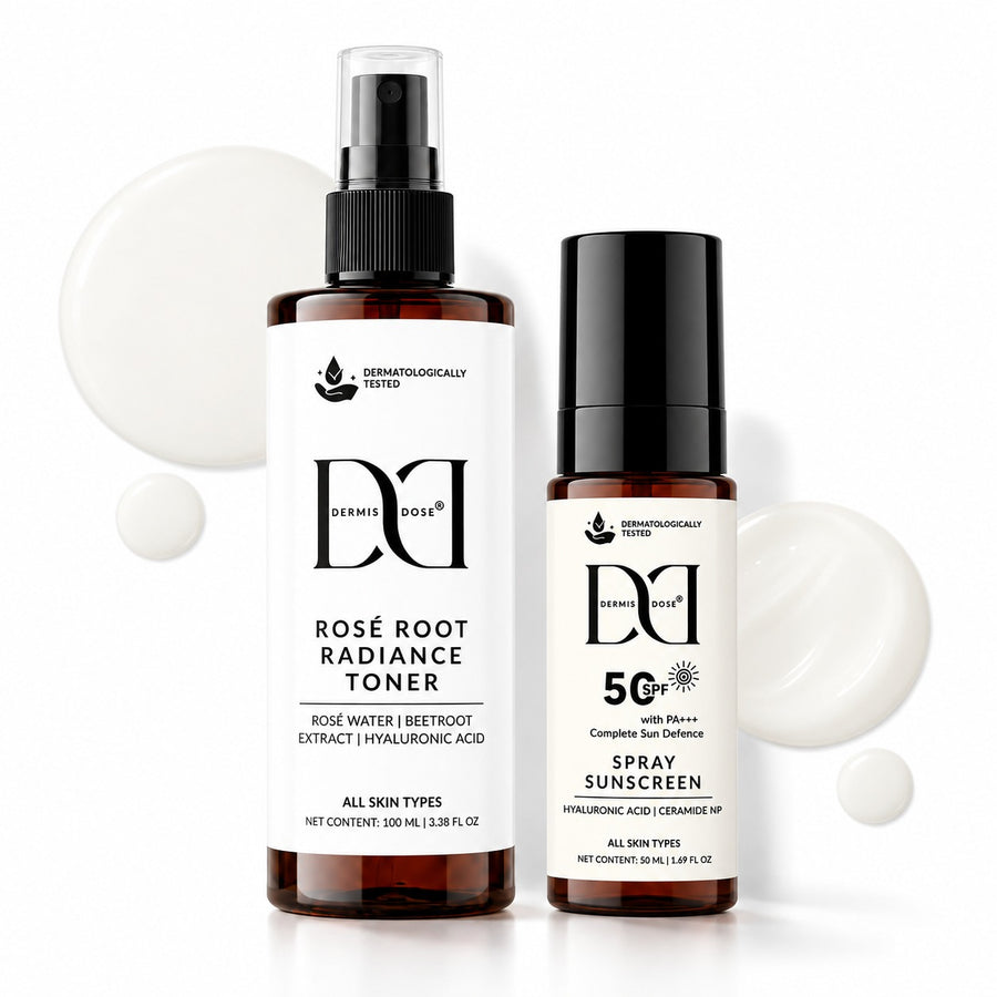 Dermis Dose SPF 50 Spray Sunscreen | 50ml + Dermis Dose Rosé Root Radiance Toner | 100ml
